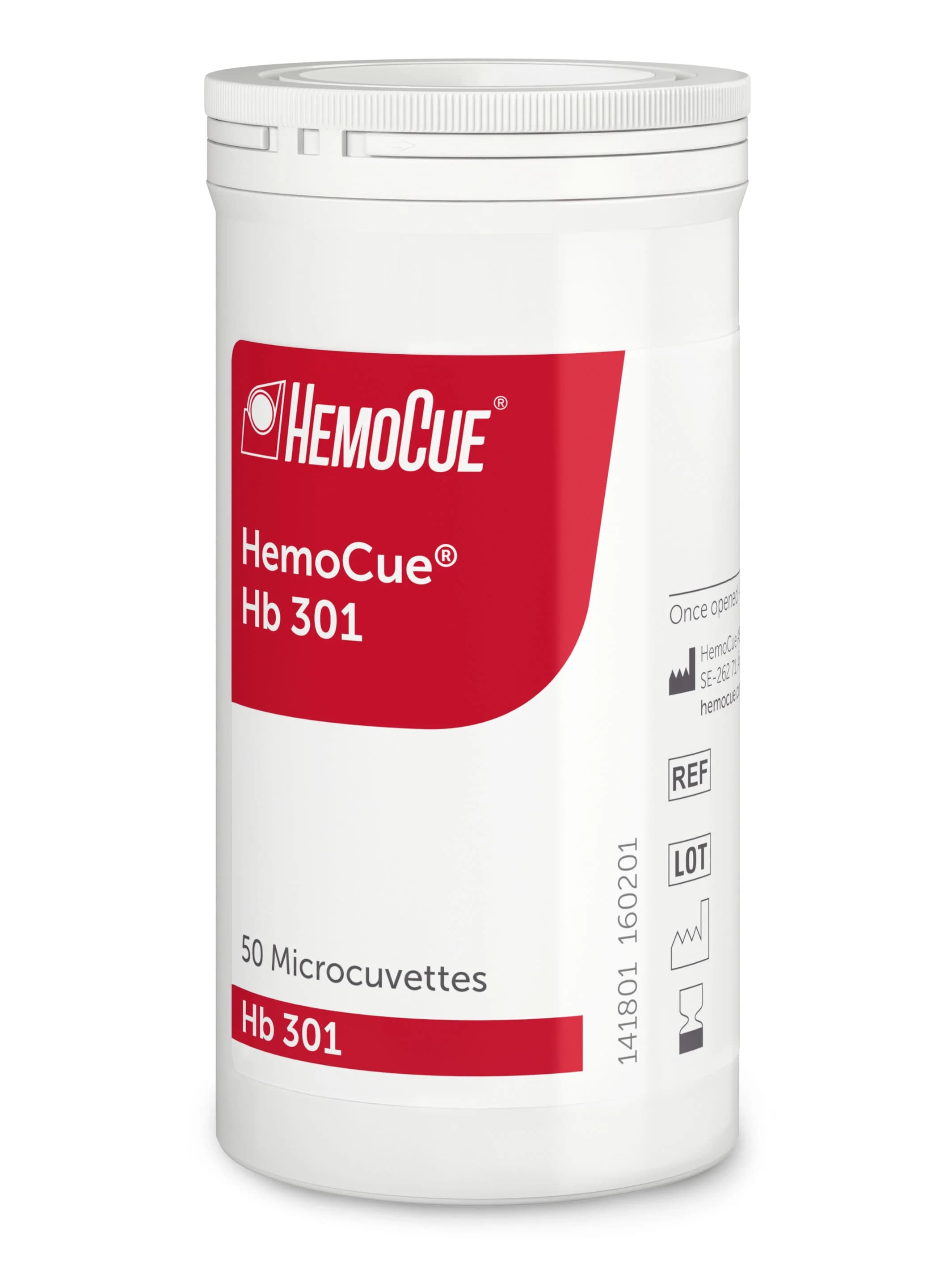 HemoCue® Hb 301 Microcuvettes (4x50, vial/canister). Order code 111801